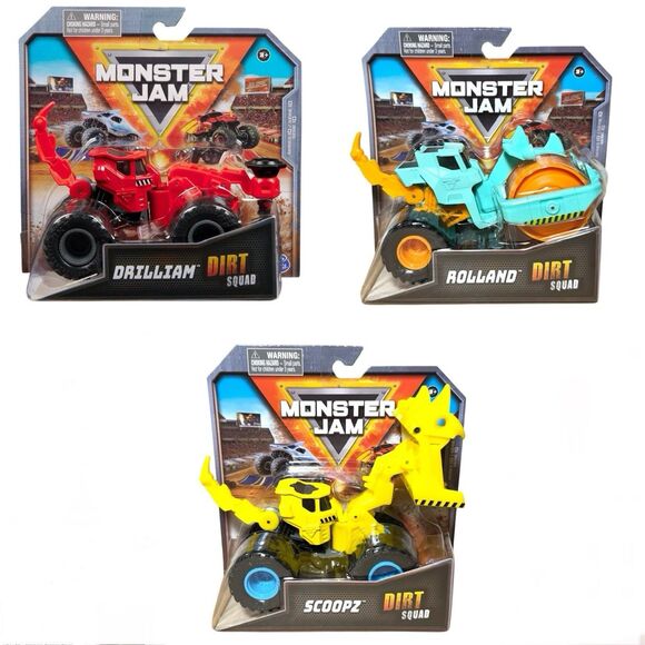 Set of 3 Monster Jam Dirt Squad Trucks — Rollan, Drilliam & Scoopz Series 10 NEW - Picture 1 of 10